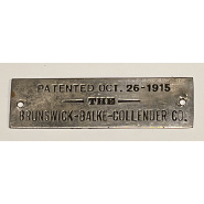 OCT 26, 1915 Brunswick Balke Collender Patent Plaque (nickel plated brass) 