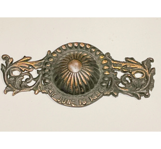 PAT JUNE 16 1896 Embossed Brunswick Balke Collender Ornate Rail Bolt Cover (cast red brass)