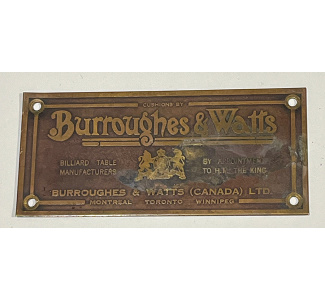 Circa 1925 Burroughs & Watts (Canada) Nameplate (brass) - holes in corners for mounting