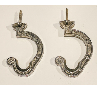 Circa 1890 Victorian Ornate Bridge Hooks (cast iron with new nickel plating) - pair